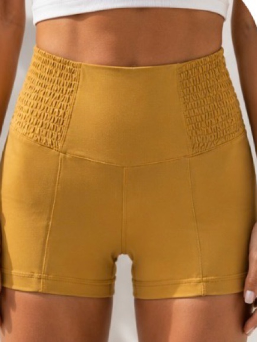 Aerie OFFLINE Real Me High Rise Biker Shorts Mustard Gold NWOT - Picture 2 of 4